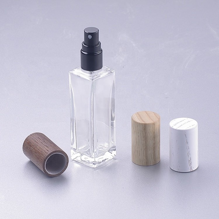 wholesale 30ml empty packaging spray with wooden lids perfume glass bottles