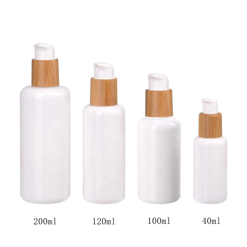 cosmetic opal glass bottle 40 ml 100 ml 120 ml 200 ml white glass bottle serum pump bottle and 50 ml glass jar with bamboo lid