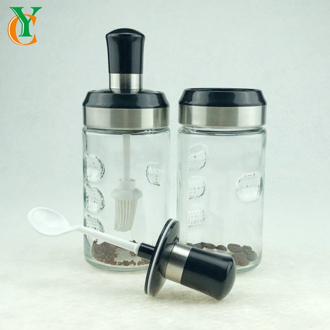 300ml glass bottle with black lid with plastic spoon &brush glass jar oil salt sugar honey jar 10OZ coffee jam jar 300g