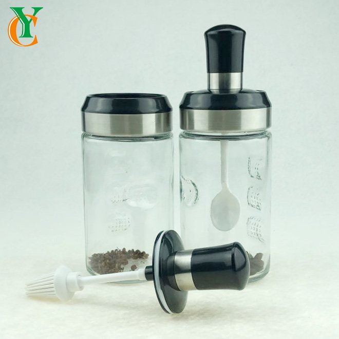 300ml glass bottle with black lid with plastic spoon &brush glass jar oil salt sugar honey jar 10OZ coffee jam jar 300g