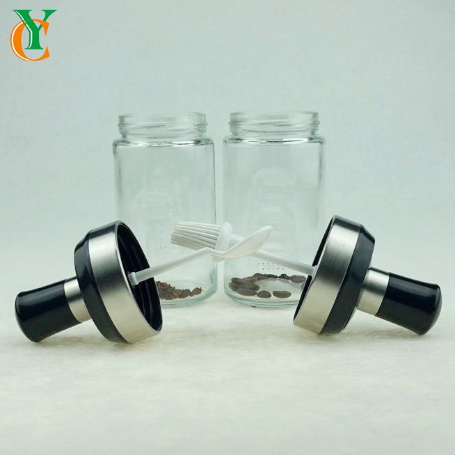 300ml glass bottle with black lid with plastic spoon &brush glass jar oil salt sugar honey jar 10OZ coffee jam jar 300g