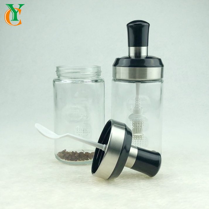 300ml glass bottle with black lid with plastic spoon &brush glass jar oil salt sugar honey jar 10OZ coffee jam jar 300g