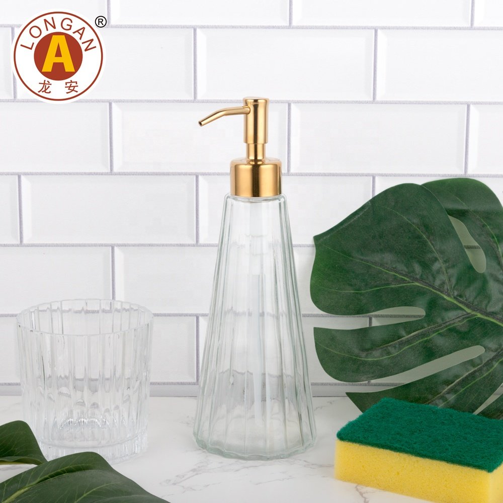 Factory Made 350ML 300ML 450ML Clear Wholesale Fancy Lid Glass Soap Bottle With White Pump
