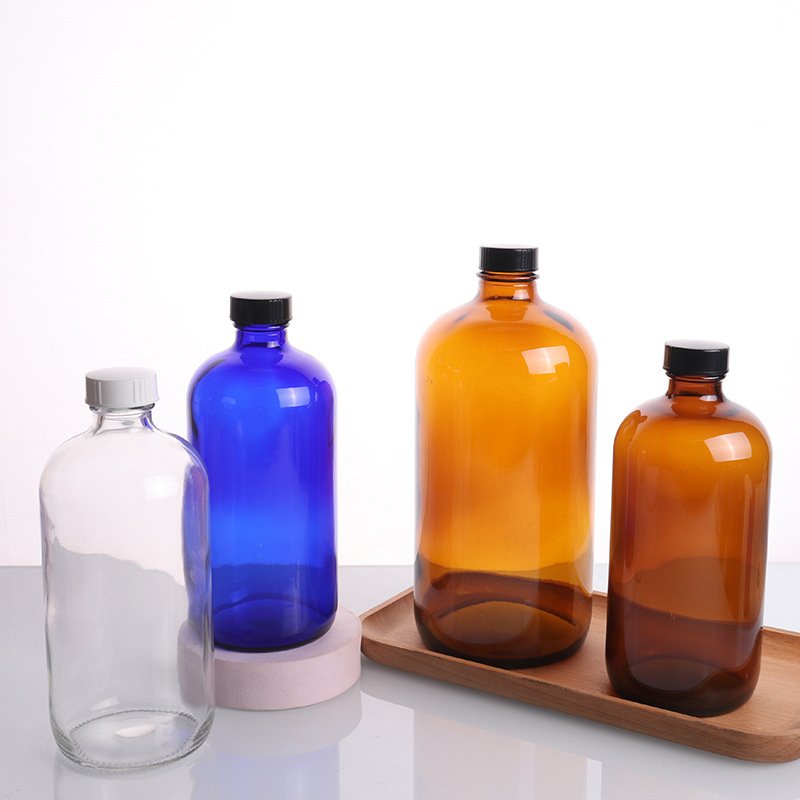 Boston Round Amber Clear Glass Bottles For Essential Oils Perfume 15ml 30ml 60ml 120ml 250ml 500ml 1000ml With Screw Cork Cap