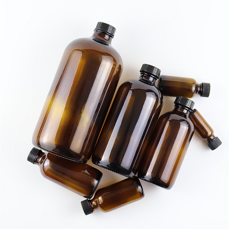 Boston Round Amber Clear Glass Bottles For Essential Oils Perfume 15ml 30ml 60ml 120ml 250ml 500ml 1000ml With Screw Cork Cap