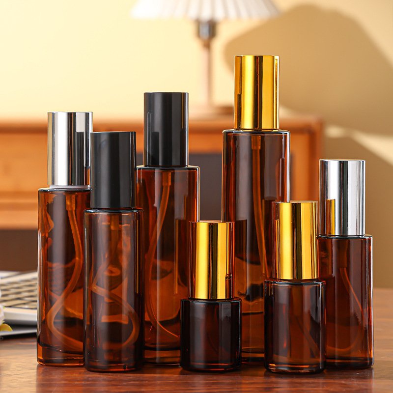 Wholesale glass perfume bottle 20ml 30ml 40ml 50ml 60ml 80ml 100ml 120ml amber glass bottle with gold aluminum sprayer cap