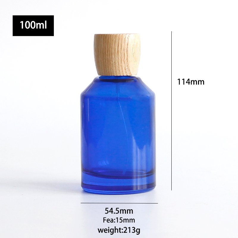 Amber Blue perfume bottle Cylindrical Thick Glass parfum bottle spray bottle with Wood Lid