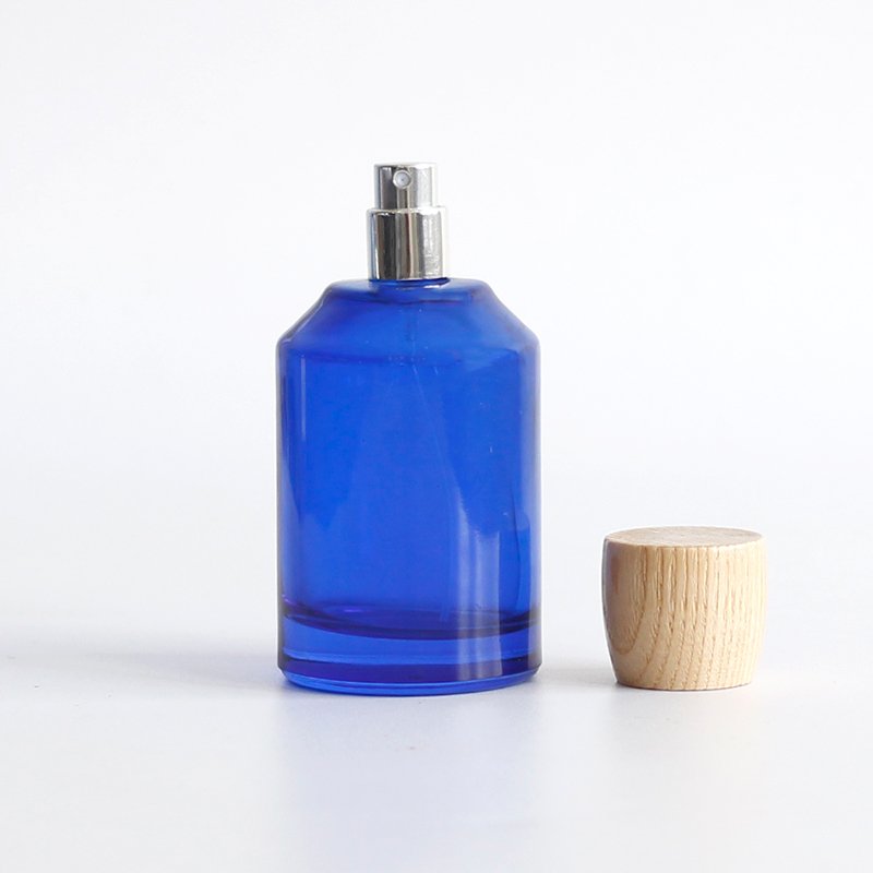 Amber Blue perfume bottle Cylindrical Thick Glass parfum bottle spray bottle with Wood Lid