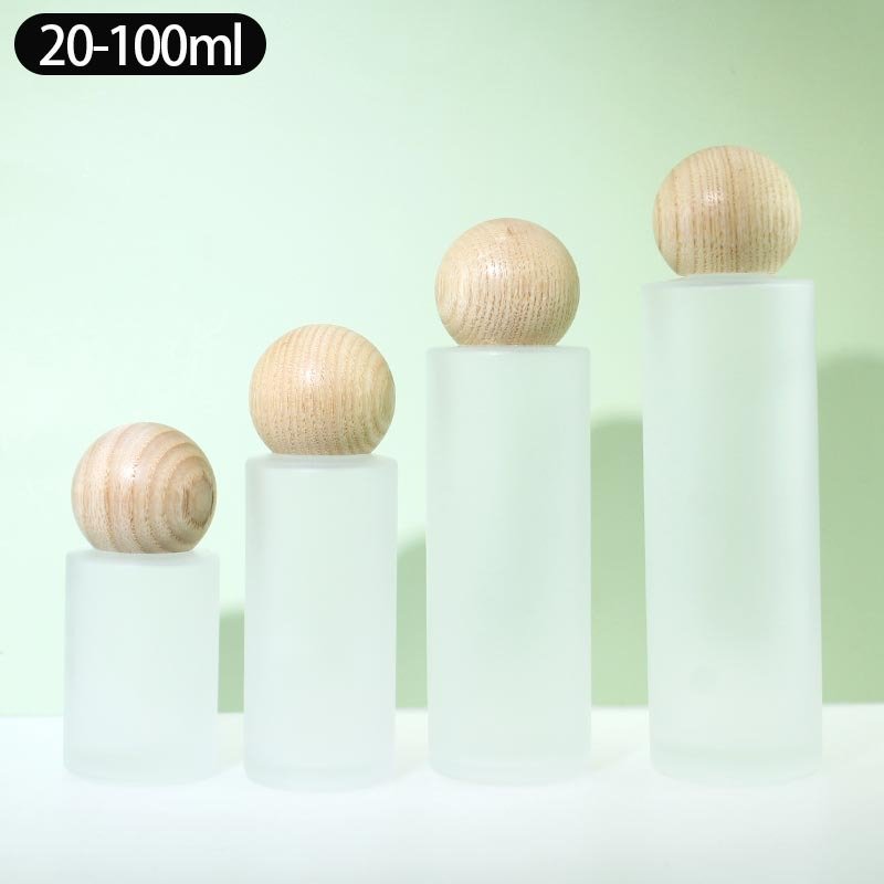 Clear Frosted Fragrance glass Bottle 20ml 30ml 50ml 100ml Cylinder Shape diffuser Bottle with Round Wooden Lids