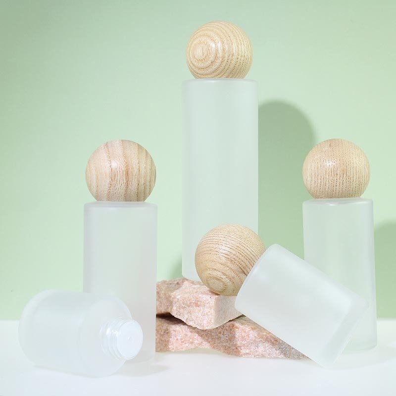 Clear Frosted Fragrance glass Bottle 20ml 30ml 50ml 100ml Cylinder Shape diffuser Bottle with Round Wooden Lids