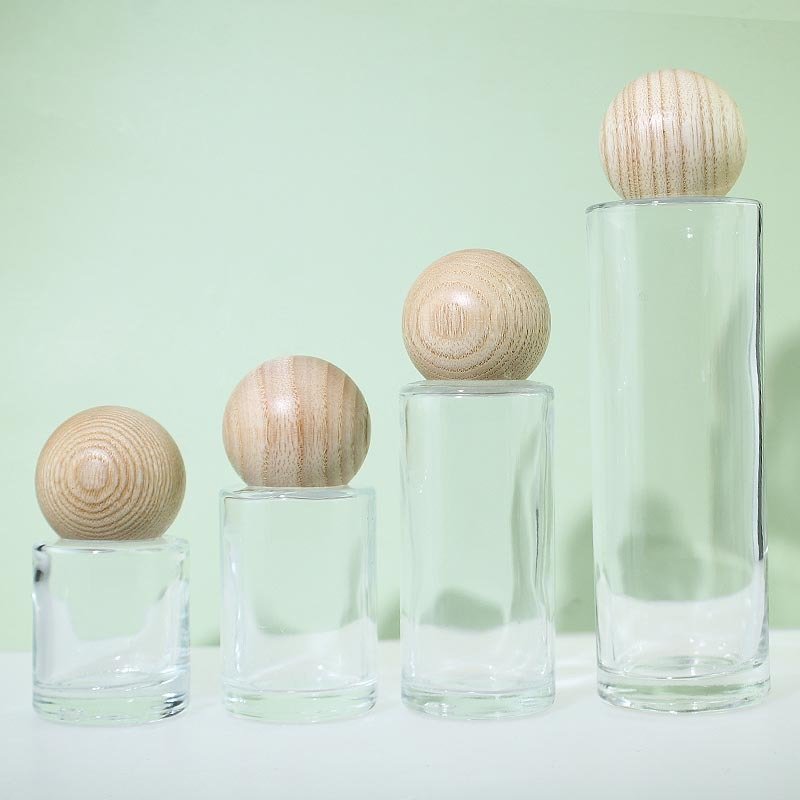 Clear Frosted Fragrance glass Bottle 20ml 30ml 50ml 100ml Cylinder Shape diffuser Bottle with Round Wooden Lids