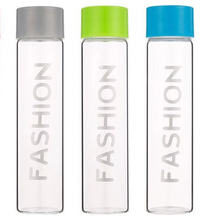 Custom Logo 8oz 12oz 16oz Wide Mouth Slim VOSS Cylinder Sports Gym Portable Glass Drinking Water Bottle With Plastic Lids