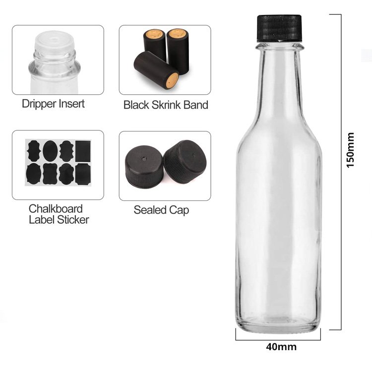 3oz 5oz 8oz 150ml 250ml Empty Clear Table Sauce Bottle Chili Salad ketchup Hot Sauce glass bottle with black cap