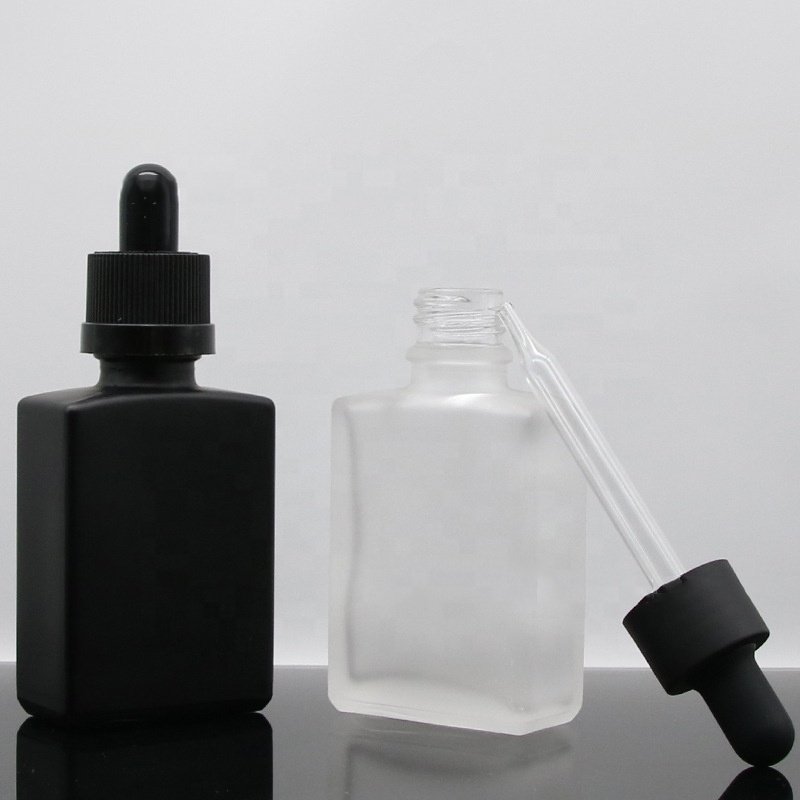 Custom Colour 30ml 50ml Flat Square Rectangle Cosmetic Clear Glass Dropper Serum Essential Oil Bottle With Dropper for sale