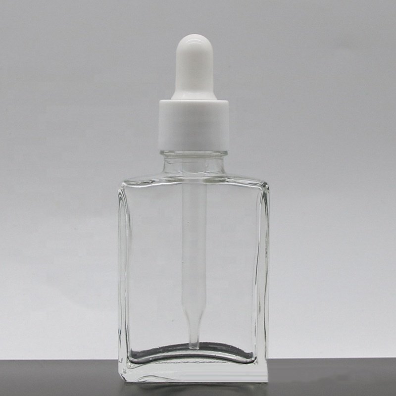 Custom Colour 30ml 50ml Flat Square Rectangle Cosmetic Clear Glass Dropper Serum Essential Oil Bottle With Dropper for sale
