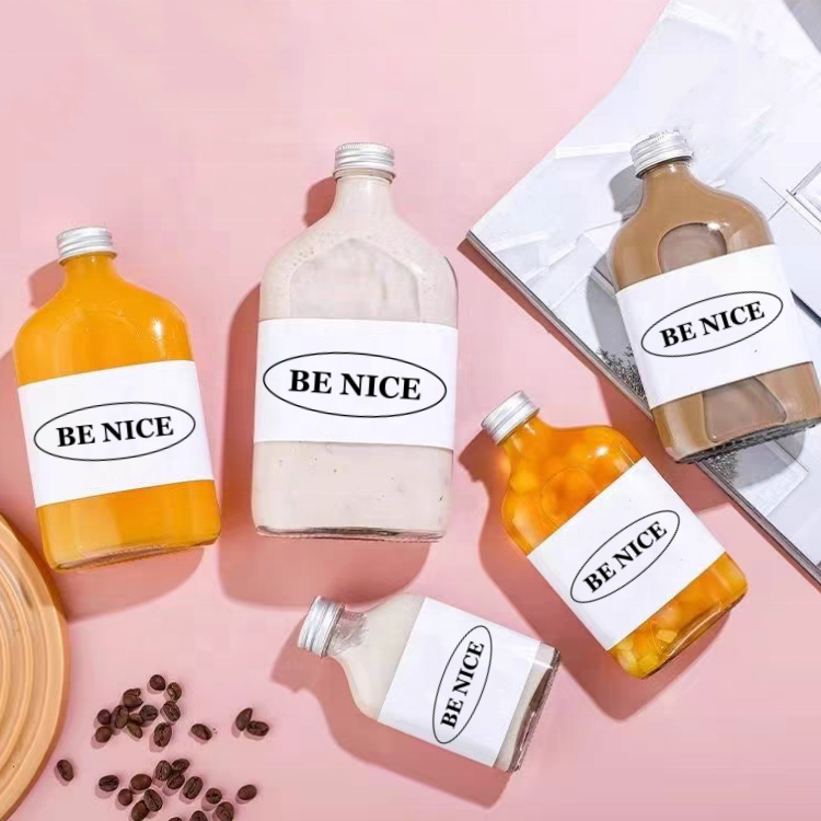 Flat Glass Bottles Flask Hip Bottles Customized Logo Print Coffee Juice Milk Glass Bottles 50ml 100ml 200ml 250ml 350ml 500ml