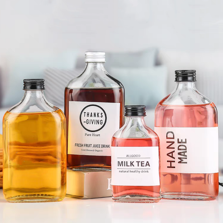 Flat Glass Bottles Flask Hip Bottles Customized Logo Print Coffee Juice Milk Glass Bottles 50ml 100ml 200ml 250ml 350ml 500ml
