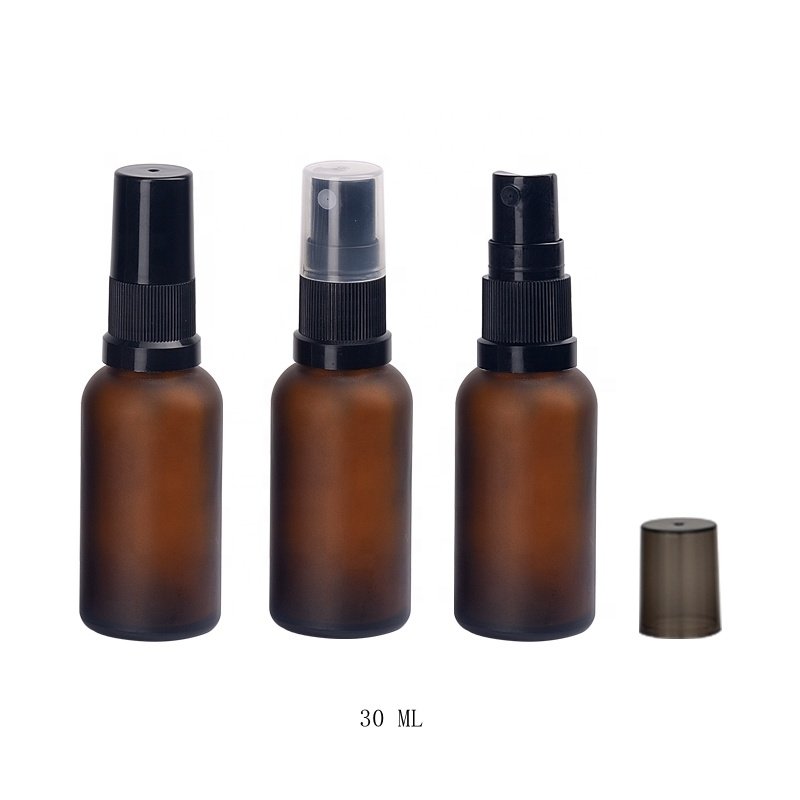 30ml amber glass bottles 1 oz brown glass frosted amber glass bottle sprayer 30 ml with 18/415 black plastic fine mist spray