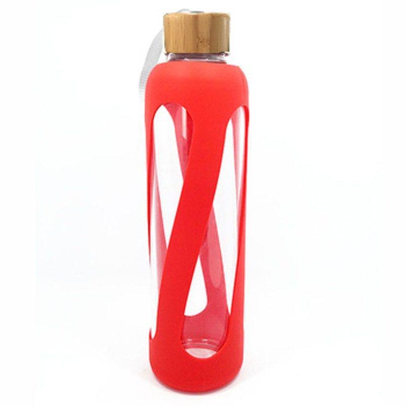 bamboo lid water 1 liter glass bottle, sport bottle custom with designed silicone covers and portable string