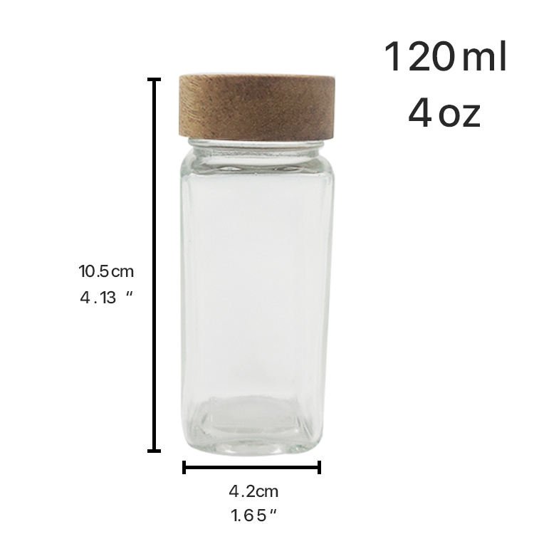 Luxury Mini 120ml 4oz Eco-friendly Natural Acacia Wood Screw Lid Airtight Square Spice Jar Glass Bottle for Kitchen Outdoor BBQ