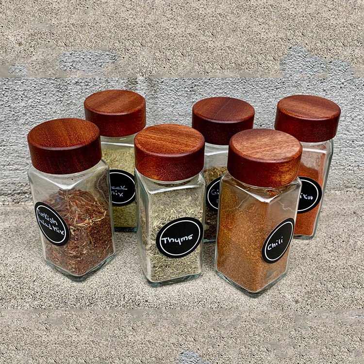 Luxury Mini 120ml 4oz Eco-friendly Natural Acacia Wood Screw Lid Airtight Square Spice Jar Glass Bottle for Kitchen Outdoor BBQ