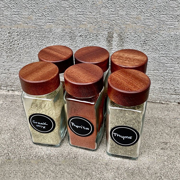 Luxury Mini 120ml 4oz Eco-friendly Natural Acacia Wood Screw Lid Airtight Square Spice Jar Glass Bottle for Kitchen Outdoor BBQ