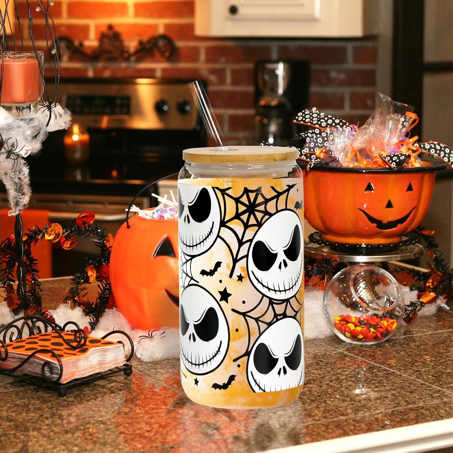 16 oz Halloween and Christmas tree customization heat resistant glass cup with bamboo lids and straw