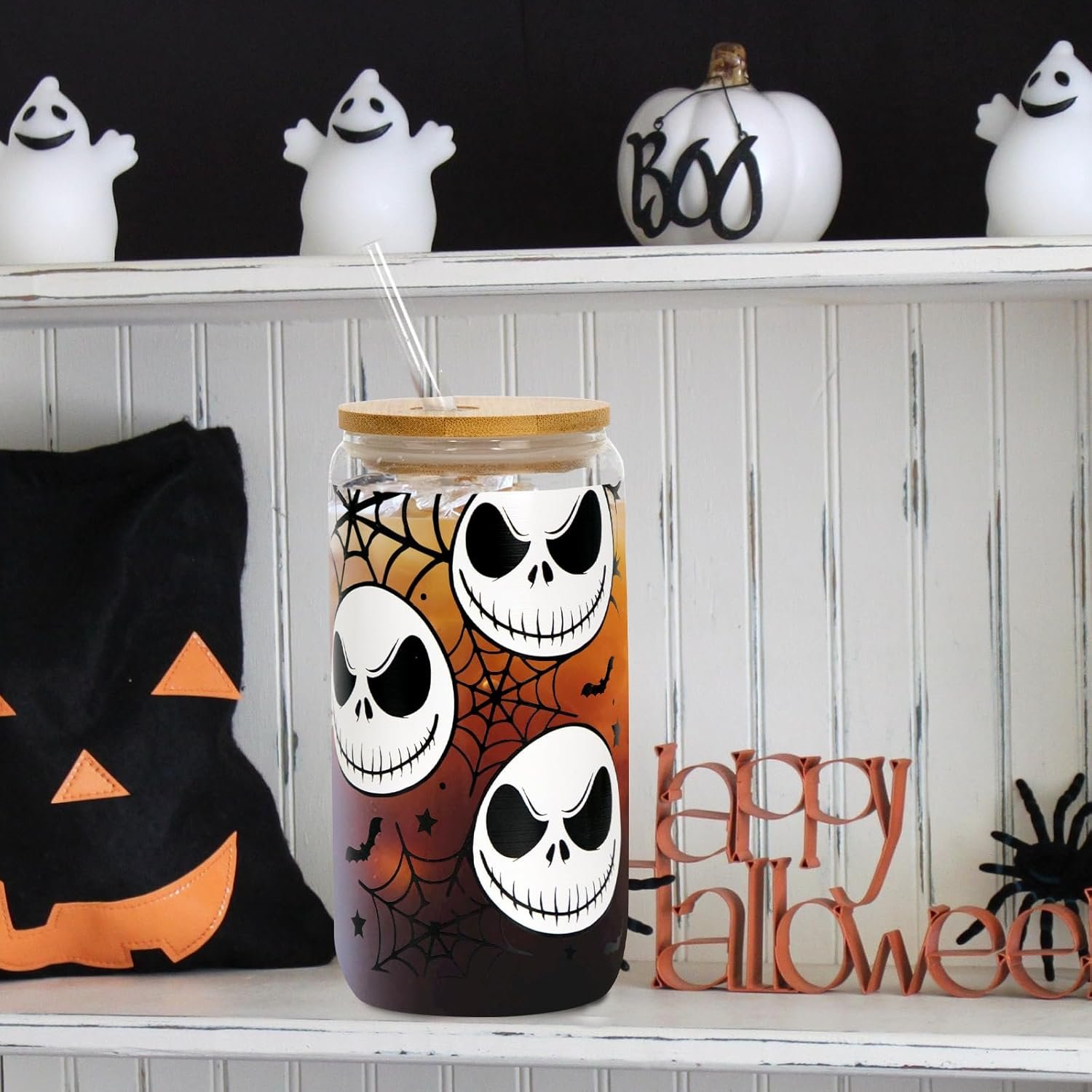 16 oz Halloween and Christmas tree customization heat resistant glass cup with bamboo lids and straw