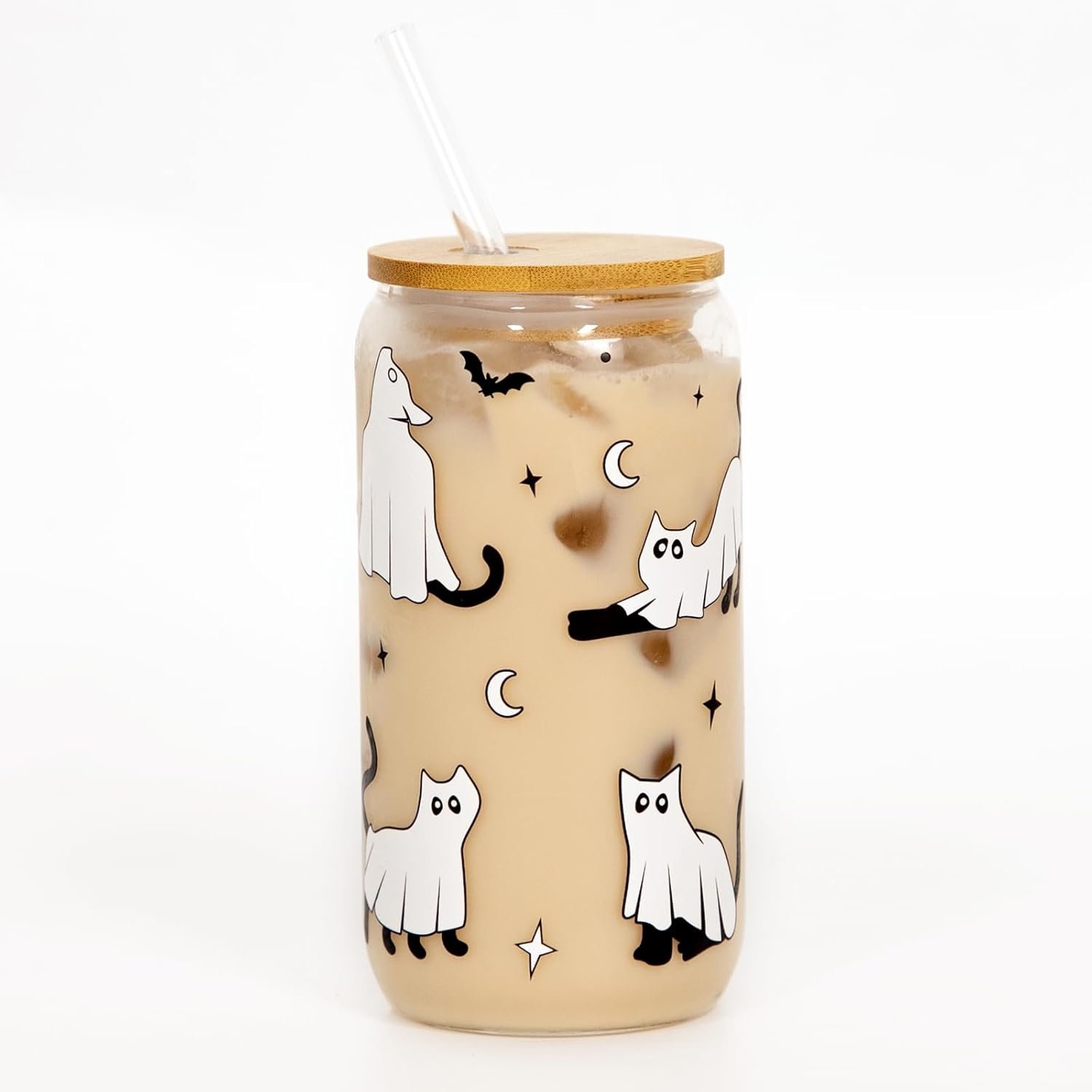 16 oz Halloween and Christmas tree customization heat resistant glass cup with bamboo lids and straw