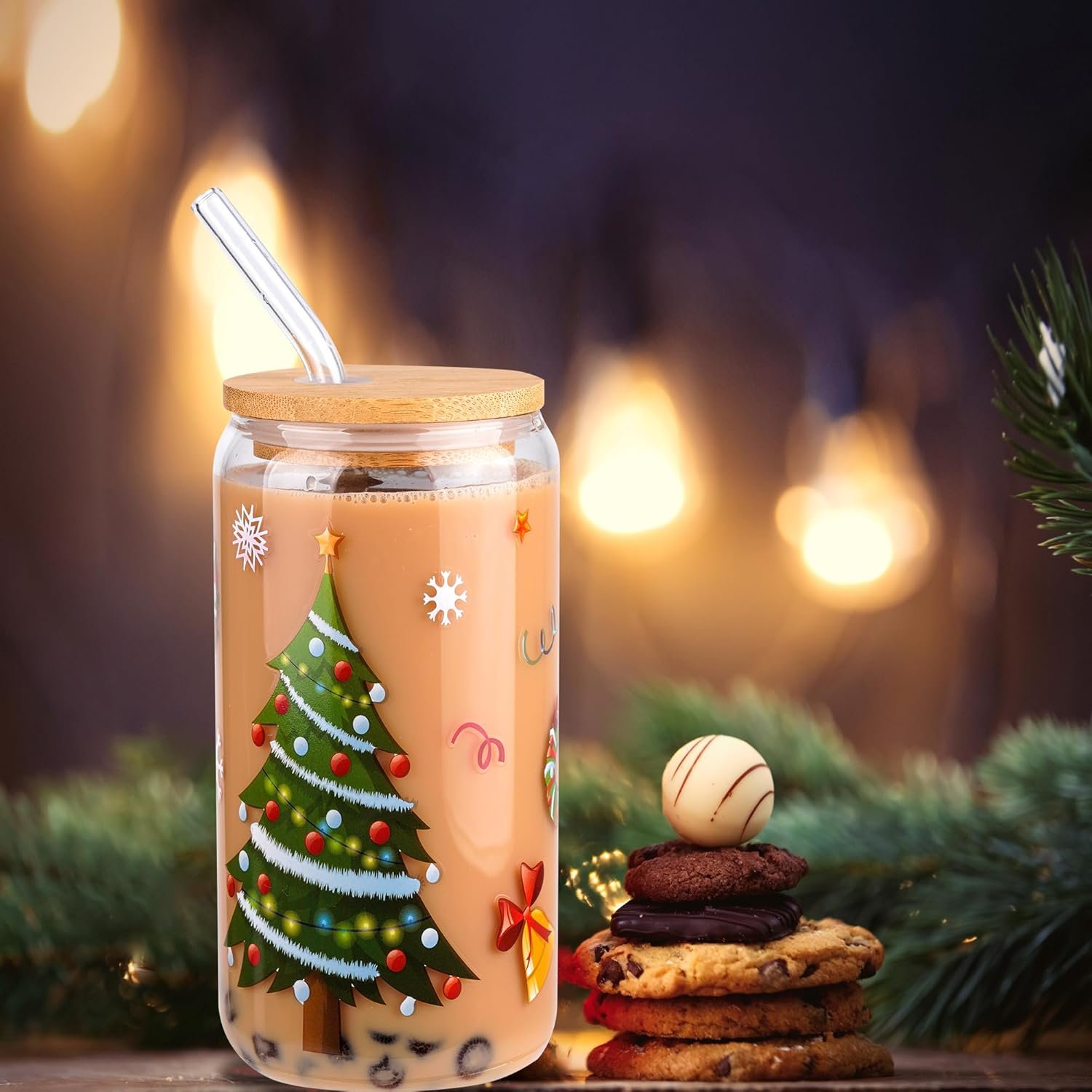 16 oz Halloween and Christmas tree customization heat resistant glass cup with bamboo lids and straw