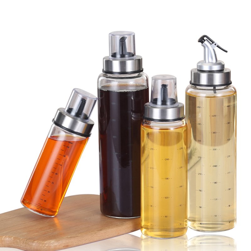 JM 500ml Factory Produced Spray Round Food Grade Clear Glass Oil Bottle Vinegar Olive Oil Glass Bottle With Clip