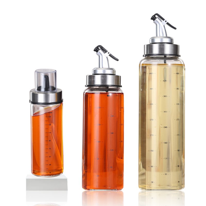JM 500ml Factory Produced Spray Round Food Grade Clear Glass Oil Bottle Vinegar Olive Oil Glass Bottle With Clip