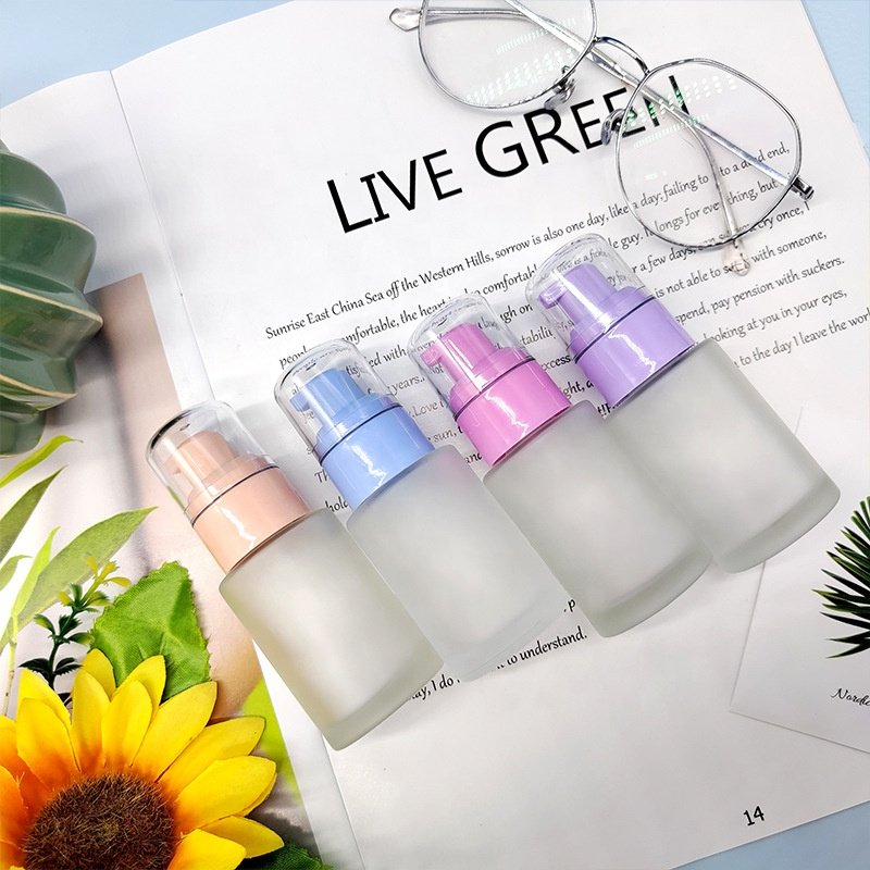 LZ Pack Stock 30ml Cream Blue Pink Purple Luxury Liquid Foundation Bottle Custom Logo Body Glass Lotion Bottle With Pump