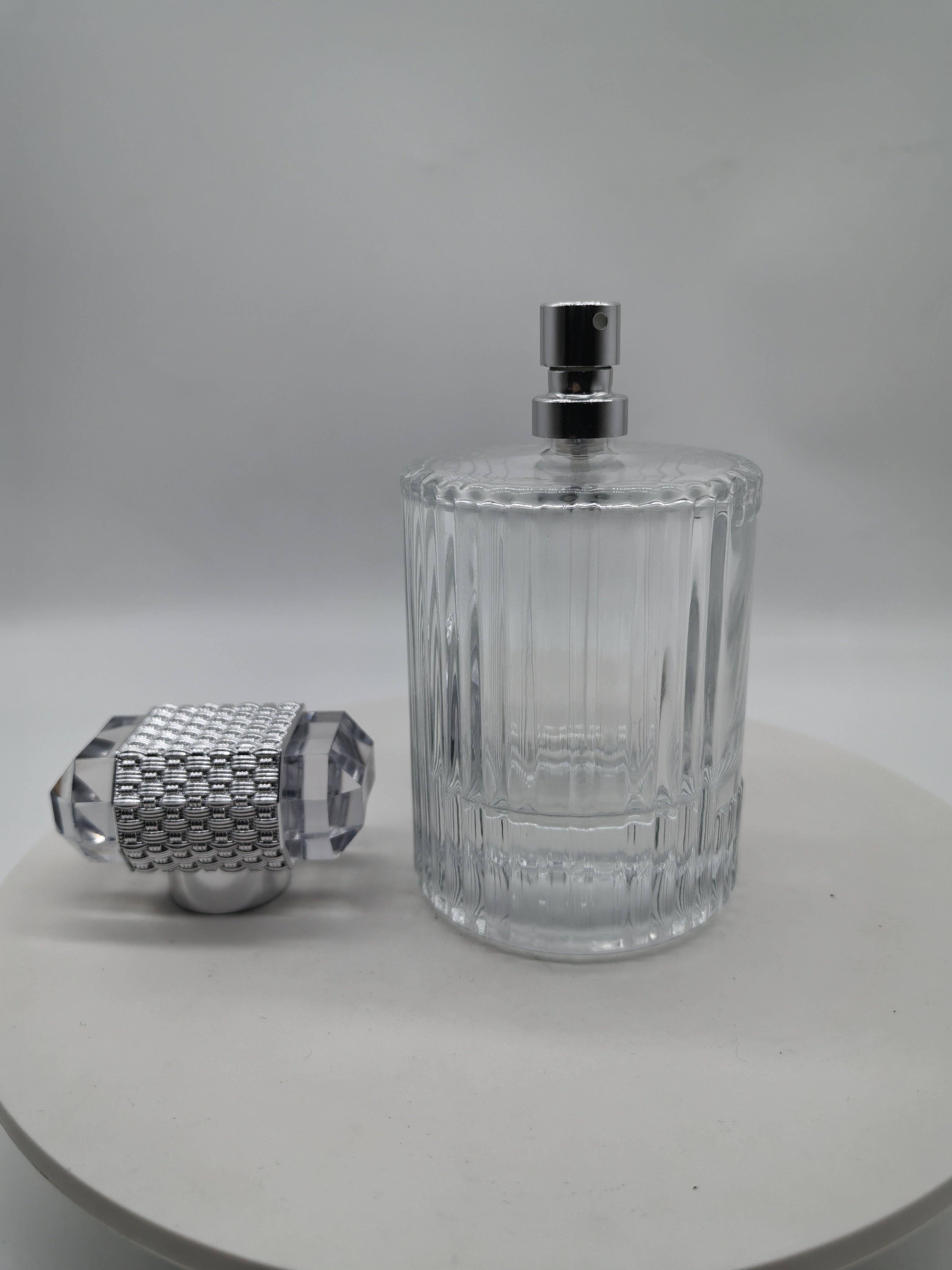 hot sale empty luxury 30ml 50ml 100ml FEA crimping pump clear fragrance all aluminum mist spray with cap perfume glass bottle