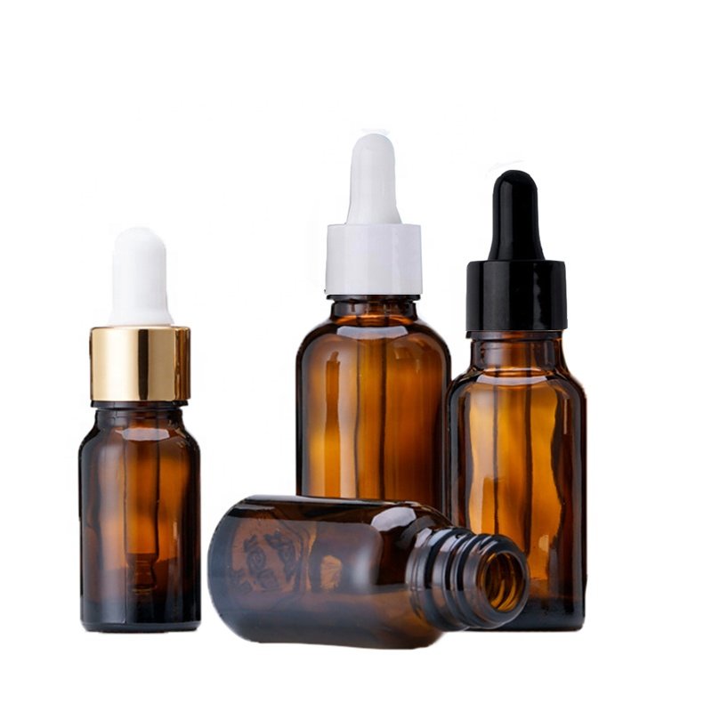 LOW MOQ Empty Round 5ml 10ml 100ml Amber Glass Cosmetic Serum Container Skincare Olive Hair Oil Dropper Bottle (GED01-A)