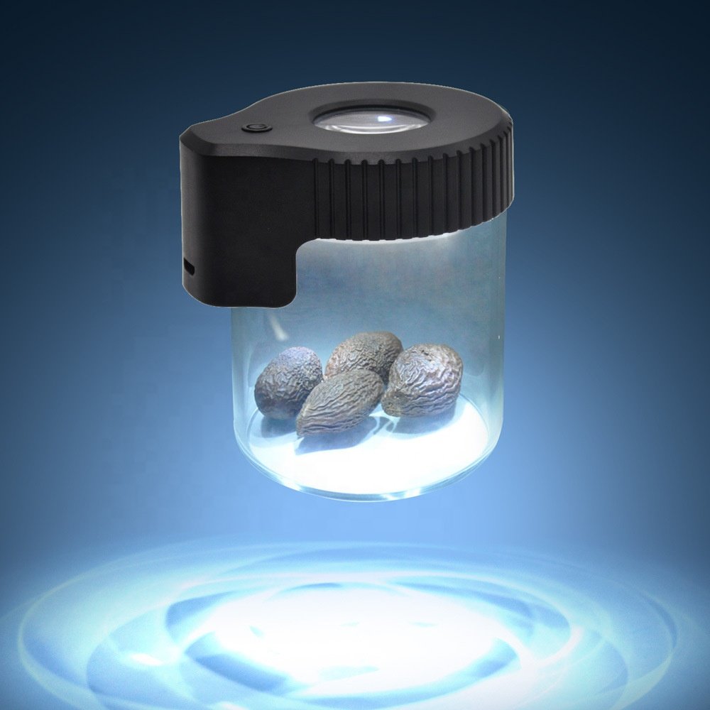 Unique Design Air Tight LED Magnifying Glass Stash Jar Herb Container USB Charge Kitchen Handmade Tobacco Jar