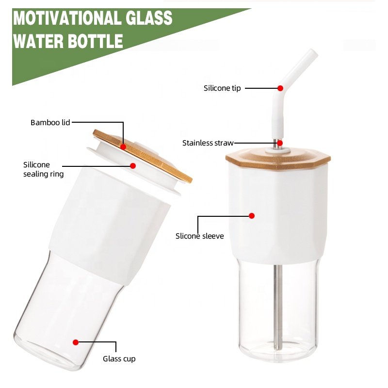 Custom 20oz 21oz glass water bottle glass tumbler glass cup with bamboo lid and straw for juice milk boba tea