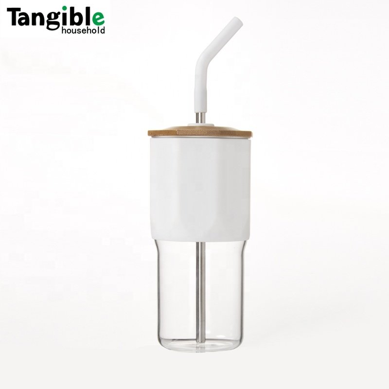 Custom 20oz 21oz glass water bottle glass tumbler glass cup with bamboo lid and straw for juice milk boba tea