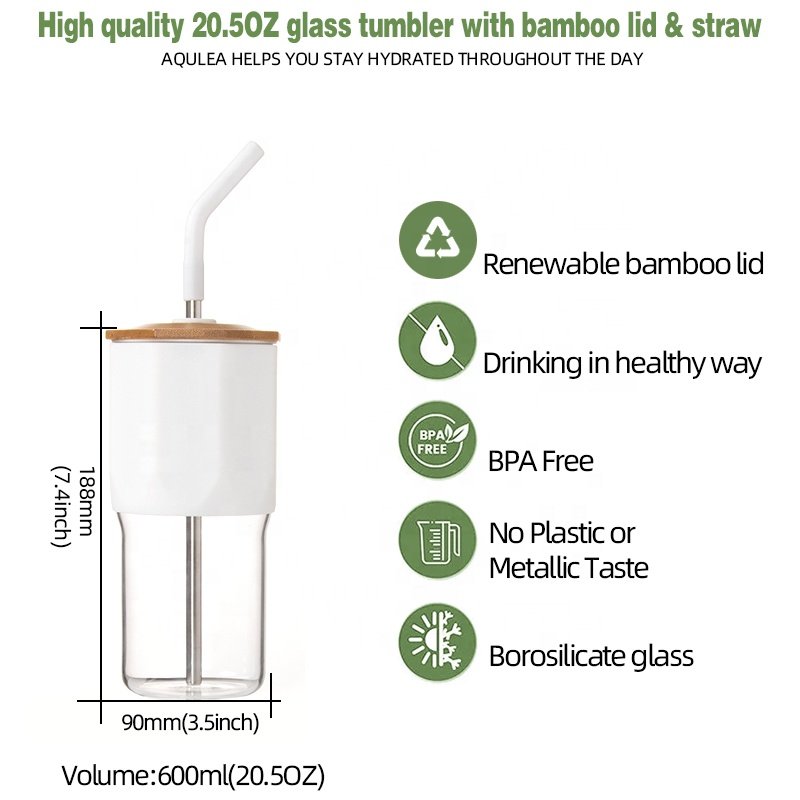 Custom 20oz 21oz glass water bottle glass tumbler glass cup with bamboo lid and straw for juice milk boba tea