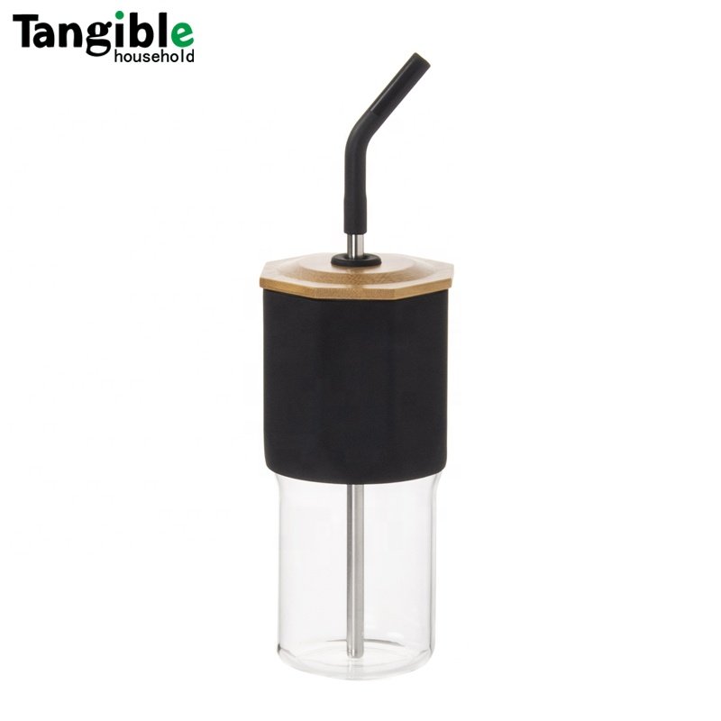 Custom 20oz 21oz glass water bottle glass tumbler glass cup with bamboo lid and straw for juice milk boba tea