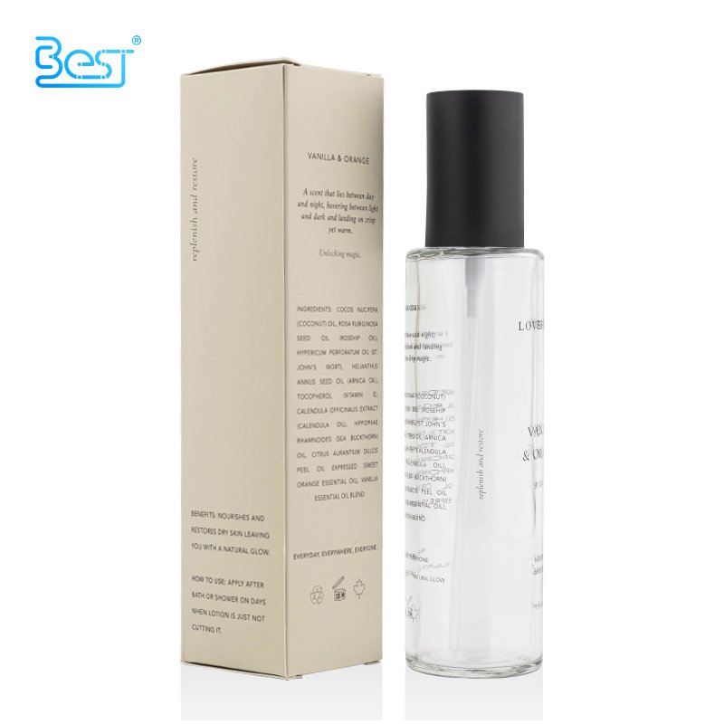 Empty Clear Body Oil Pump Cosmetic Product PUMP Sprayer Beige Glass Box Packaging Screen Printing 100ml 3.4oz 120ml 4oz 5000pcs