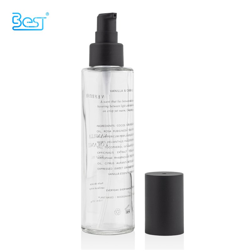 Empty Clear Body Oil Pump Cosmetic Product PUMP Sprayer Beige Glass Box Packaging Screen Printing 100ml 3.4oz 120ml 4oz 5000pcs