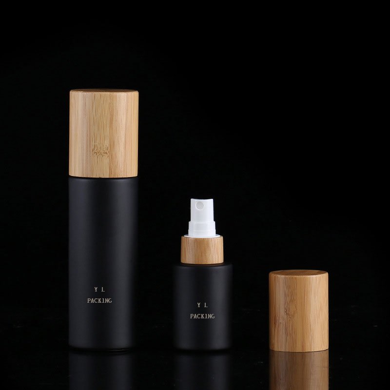 30ML 50ML 100ml 120ML 150ML Black Matte Frosted Cosmetic Pump Bottle Glass Spray Bottle With Bamboo Lid