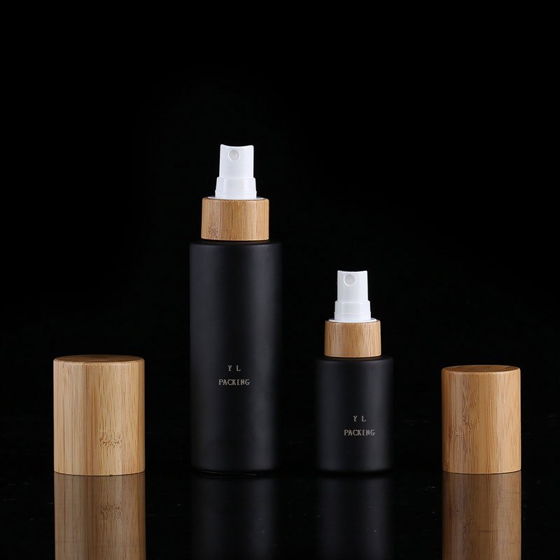 30ML 50ML 100ml 120ML 150ML Black Matte Frosted Cosmetic Pump Bottle Glass Spray Bottle With Bamboo Lid