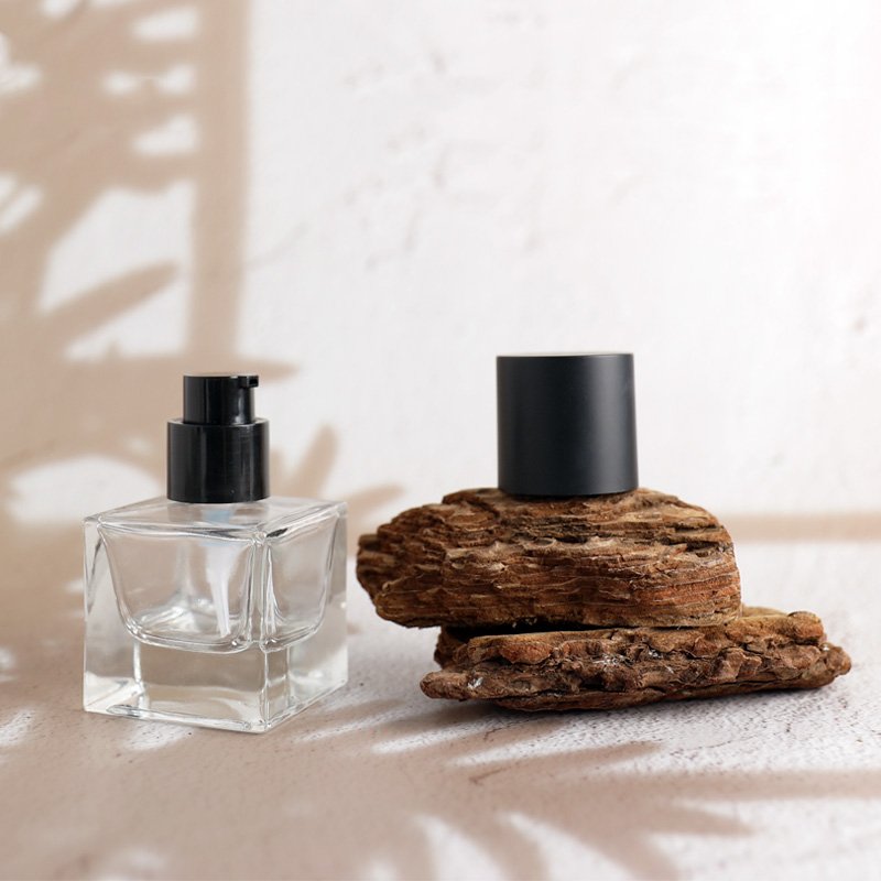 30ml square thickened pump head glass bottle with black lid emulsion foundation packaging bottle