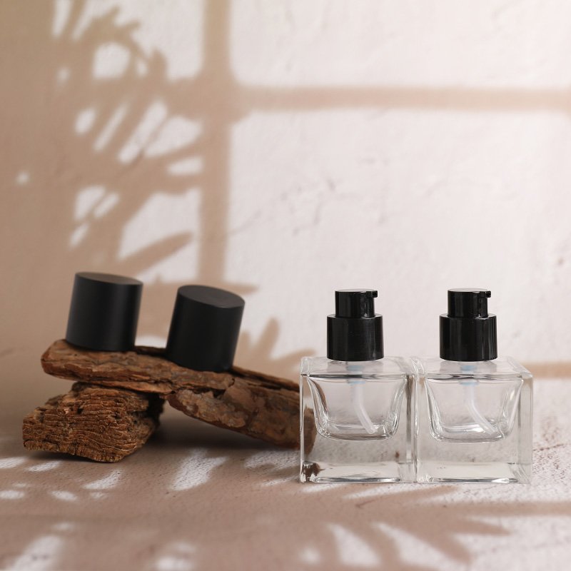 30ml square thickened pump head glass bottle with black lid emulsion foundation packaging bottle