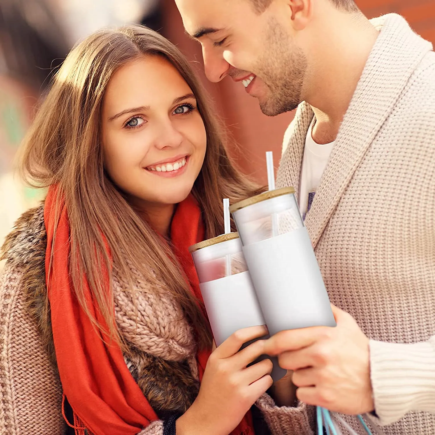 Fashion simple hot sale food grade bamboo glass carafe lid silicone sleeve with straw glass water cup glass bottle drink