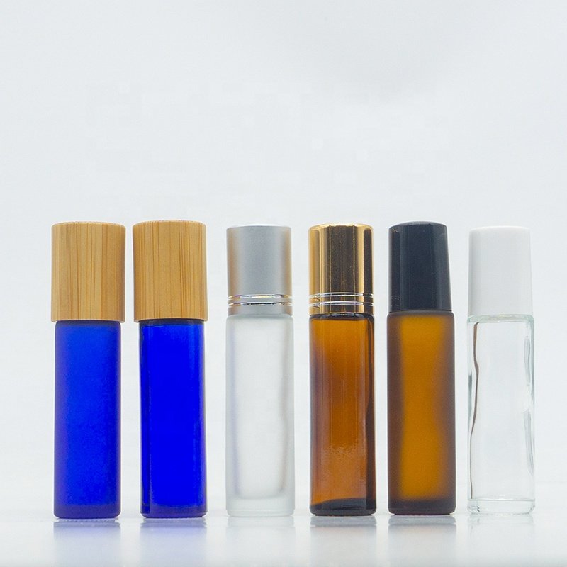5 10 15ml amber blue clear frost clear Roll On Bottle Bamboo Cap Roller Ball Glass Bottle For Essential Oil Glass Roller Bottle