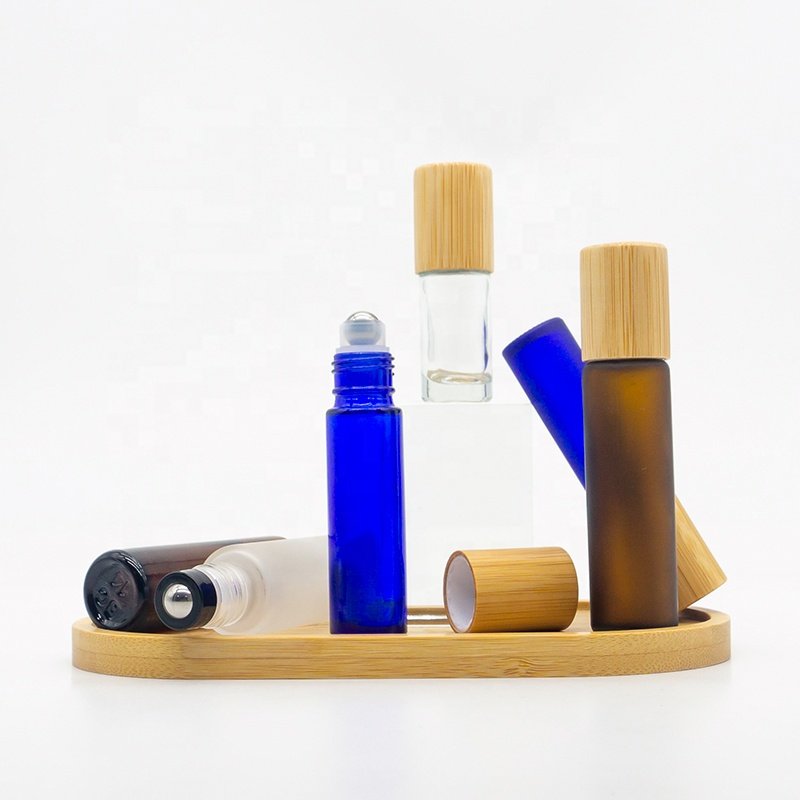 5 10 15ml amber blue clear frost clear Roll On Bottle Bamboo Cap Roller Ball Glass Bottle For Essential Oil Glass Roller Bottle