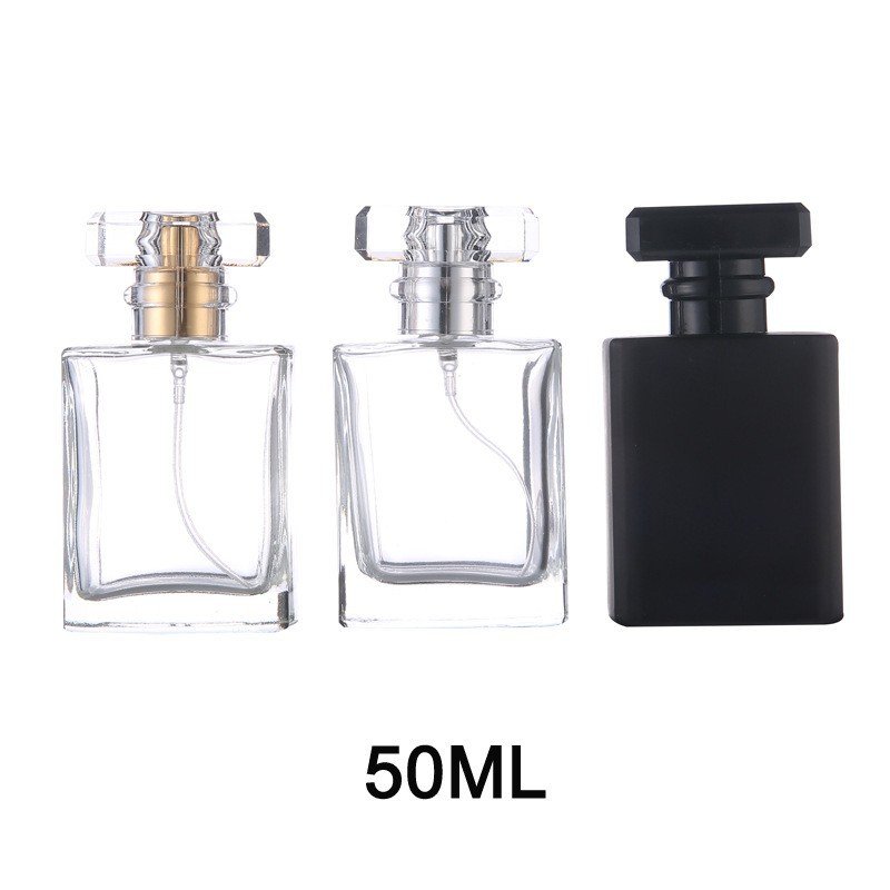 Luxury Square bottle Black color clear color 30ml 50ml 100ml glass empty perfume spraying bottle with screw spray